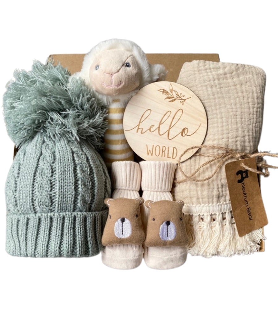 Ideias de Presentes para Baby Shower: cabaz de bebé, com conjuntos, botas, babetes, todos os essenciais 