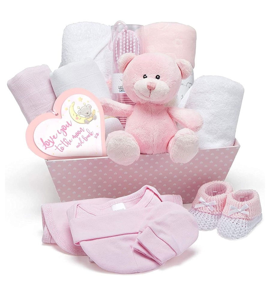 Ideias de Presentes para Baby Shower: cabaz de bebé, com conjuntos, botas, babetes, todos os essenciais 