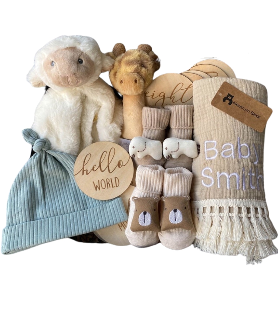Ideias de Presentes para Baby Shower: cabaz de bebé, com conjuntos, botas, babetes, todos os essenciais 