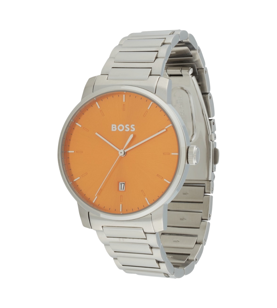 Um relógio Hugo Boss que mistura o clássico com um estilo mais arrojado. O tom laranja dá um toque de modernidade. Já a bracelete em prata, atribui o lado elegante. Um presente para um pai cheio de carisma