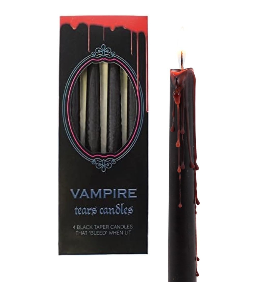 Guia de presentes de Halloween: velas lágrimas de vampiro. Um elemento de decoração especial para festas ou para alguém que adora velas com um toque de gore. As gotas da cera são vermelhas!