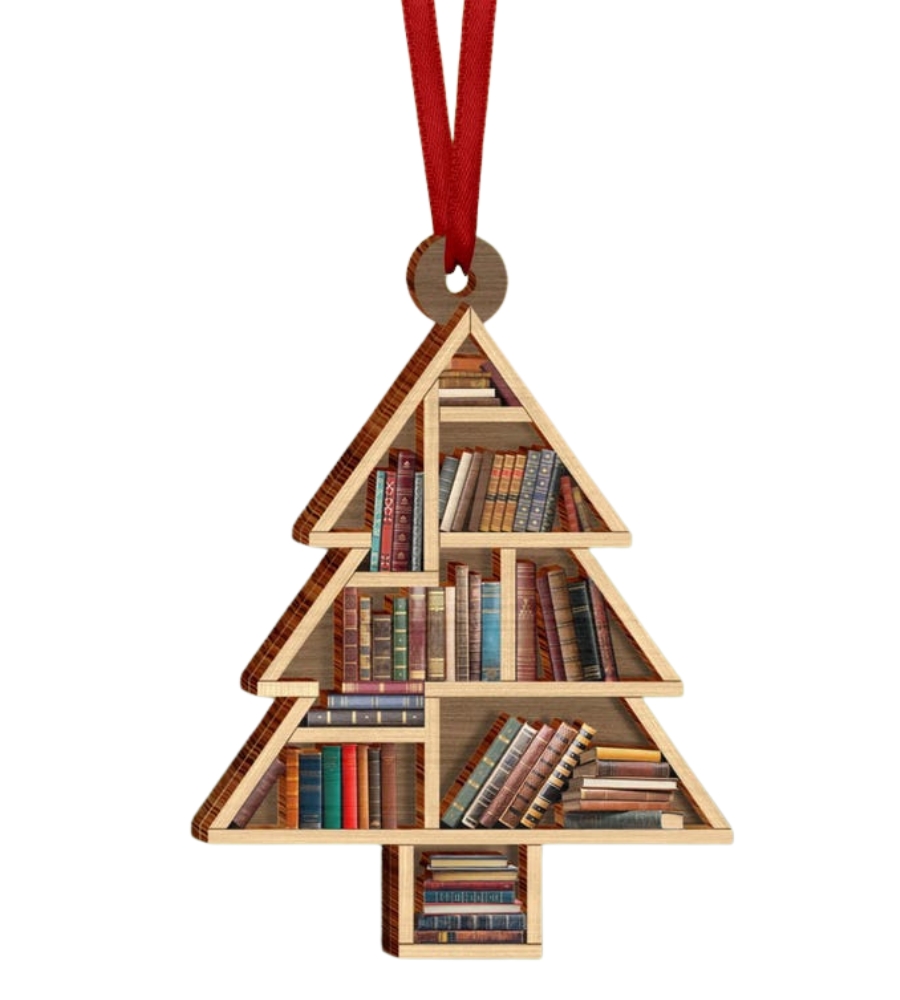 TOP Ornamentos de Natal, presentes únicos: enfeite árvore de natal em madeira, que é ao mesmo tempo uma biblioteca de livros, um pequeno grande presente para devoradores de livros e leitores natos. Indeed, a very special ornament.